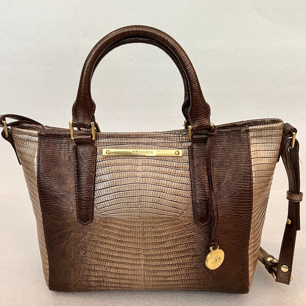 Brahmin Asher Sable Brown Gold Lizard And Croc Embossed Leather Satchel